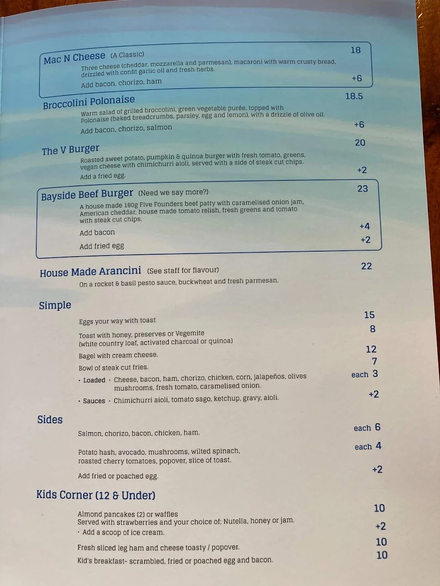 Menu, Bayside Barista