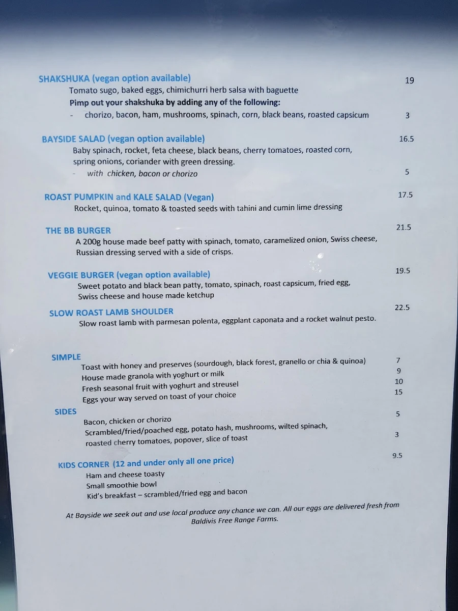 Menu, Bayside Barista
