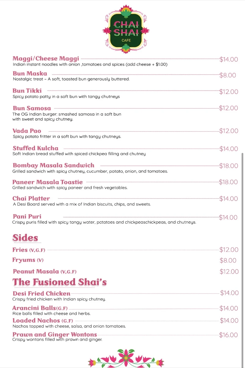 Menu, Chai Shai Fitzroy