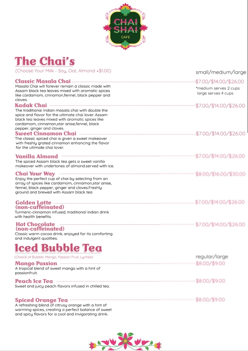 Menu, Chai Shai Fitzroy