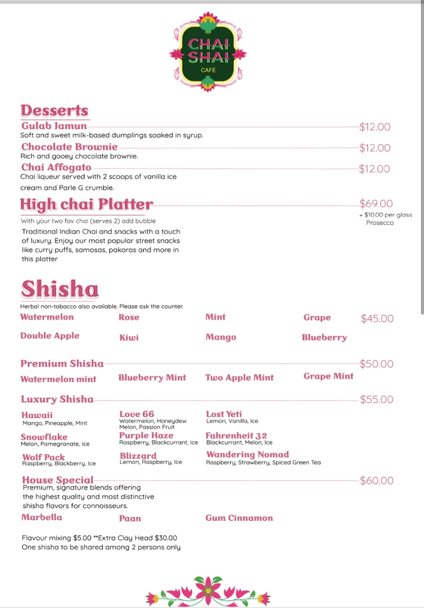 Menu, Chai Shai Fitzroy