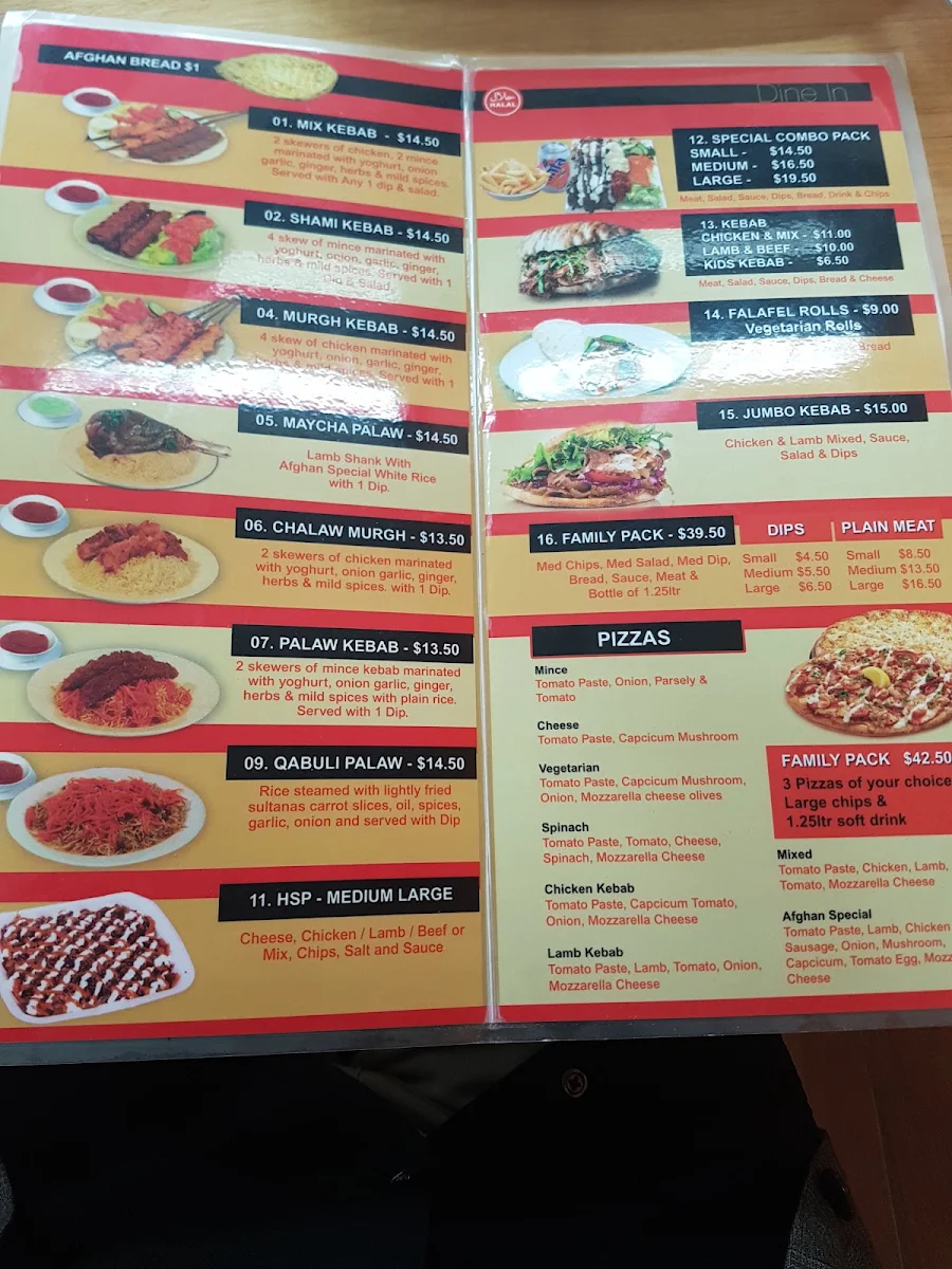 Menu, Afghan Kebab village