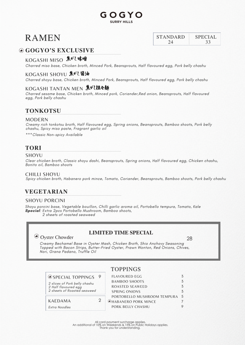 Menu, Gogyo