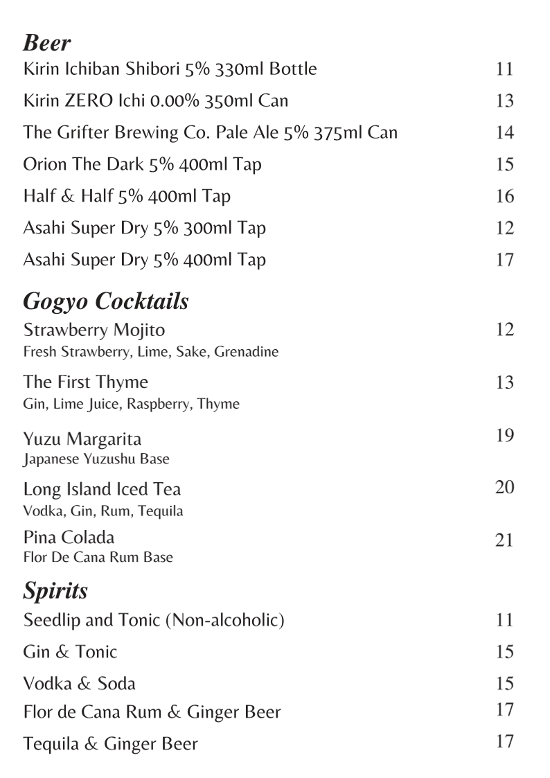 Menu, Gogyo