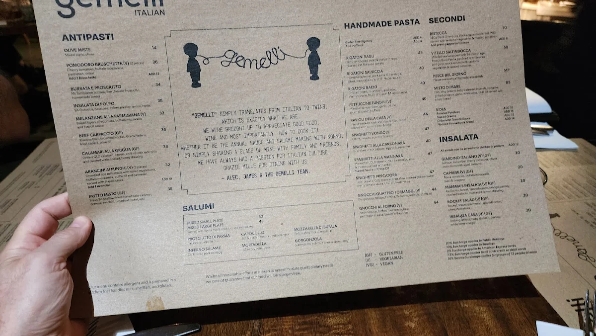 Menu, Gemelli Italian