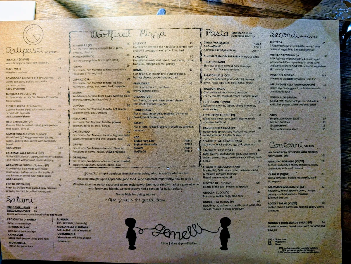 Menu, Gemelli Italian