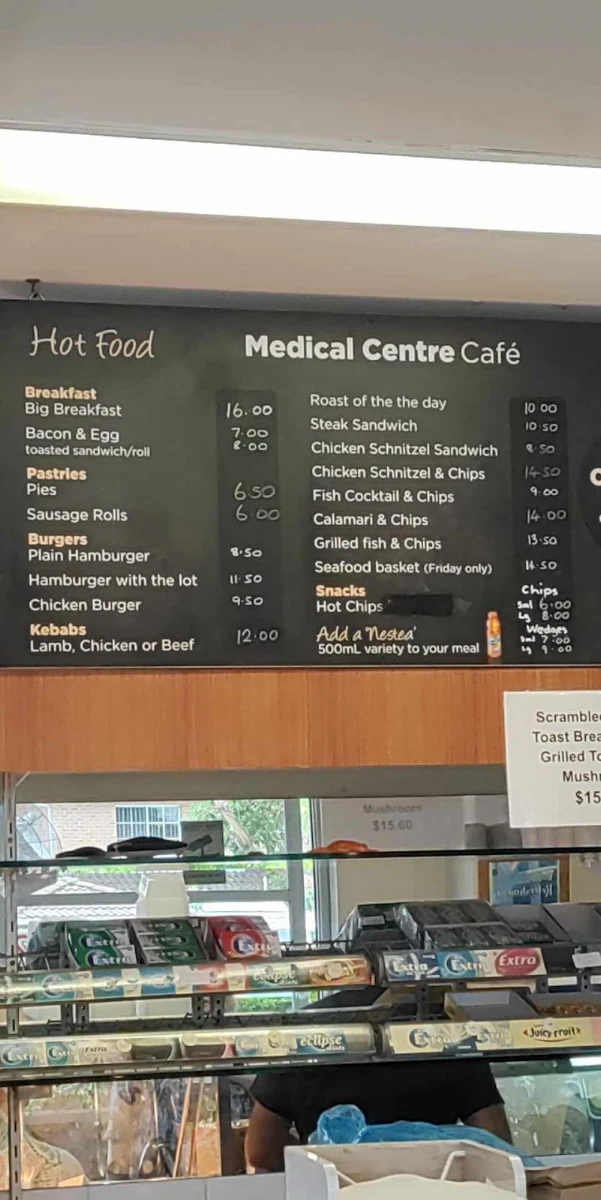 Menu, Medical Centre Cafe