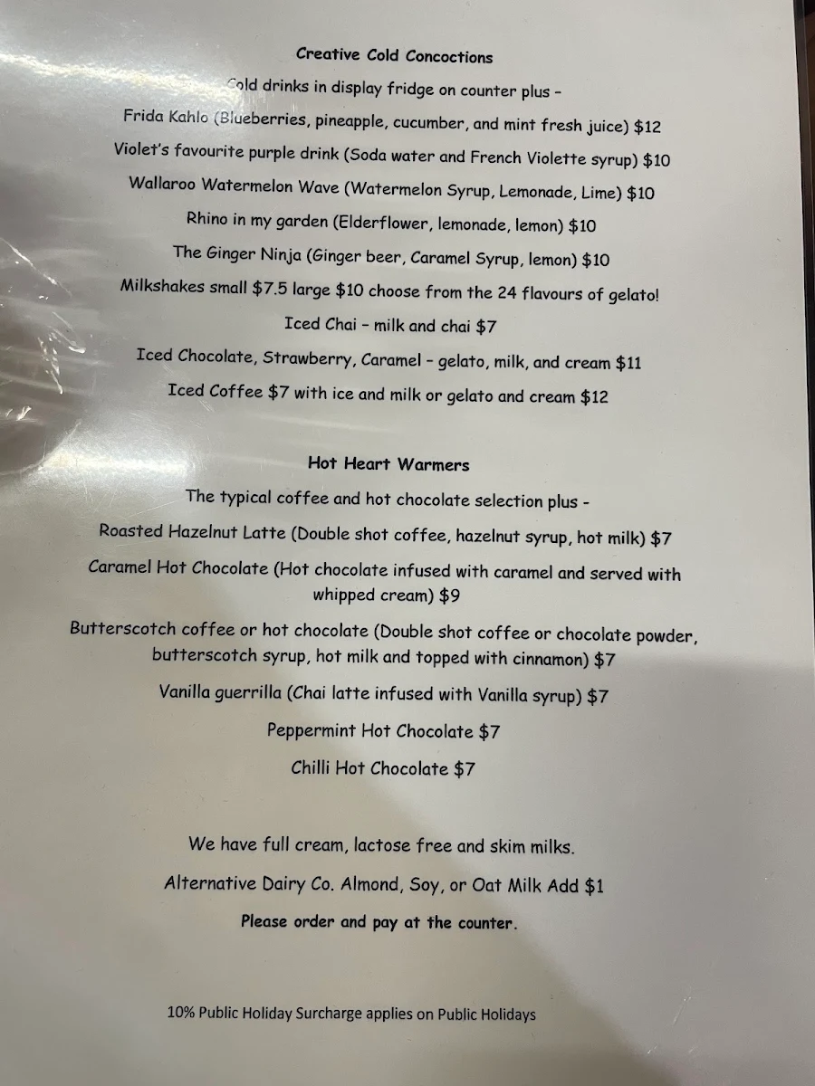Menu, Tootsie Gallery Cafe