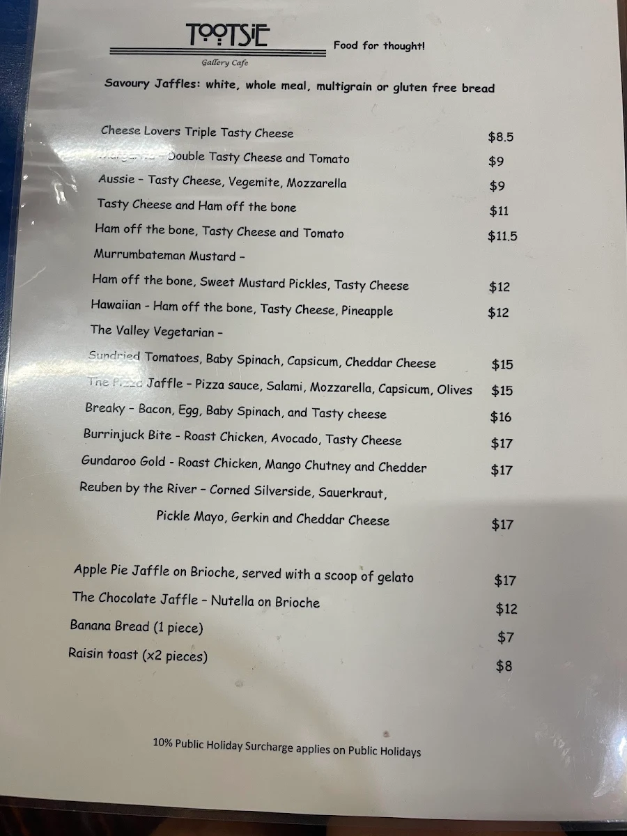 Menu, Tootsie Gallery Cafe