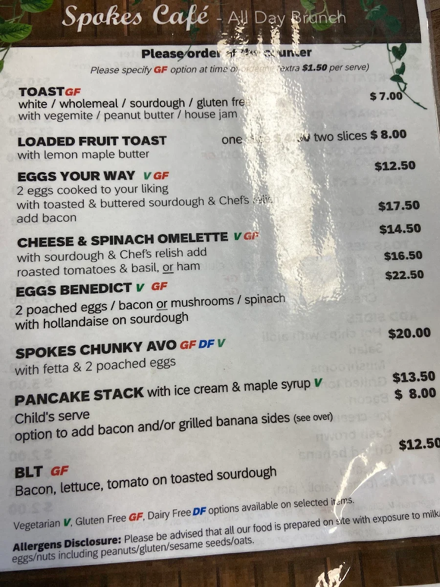 Menu, Spokes Cafe