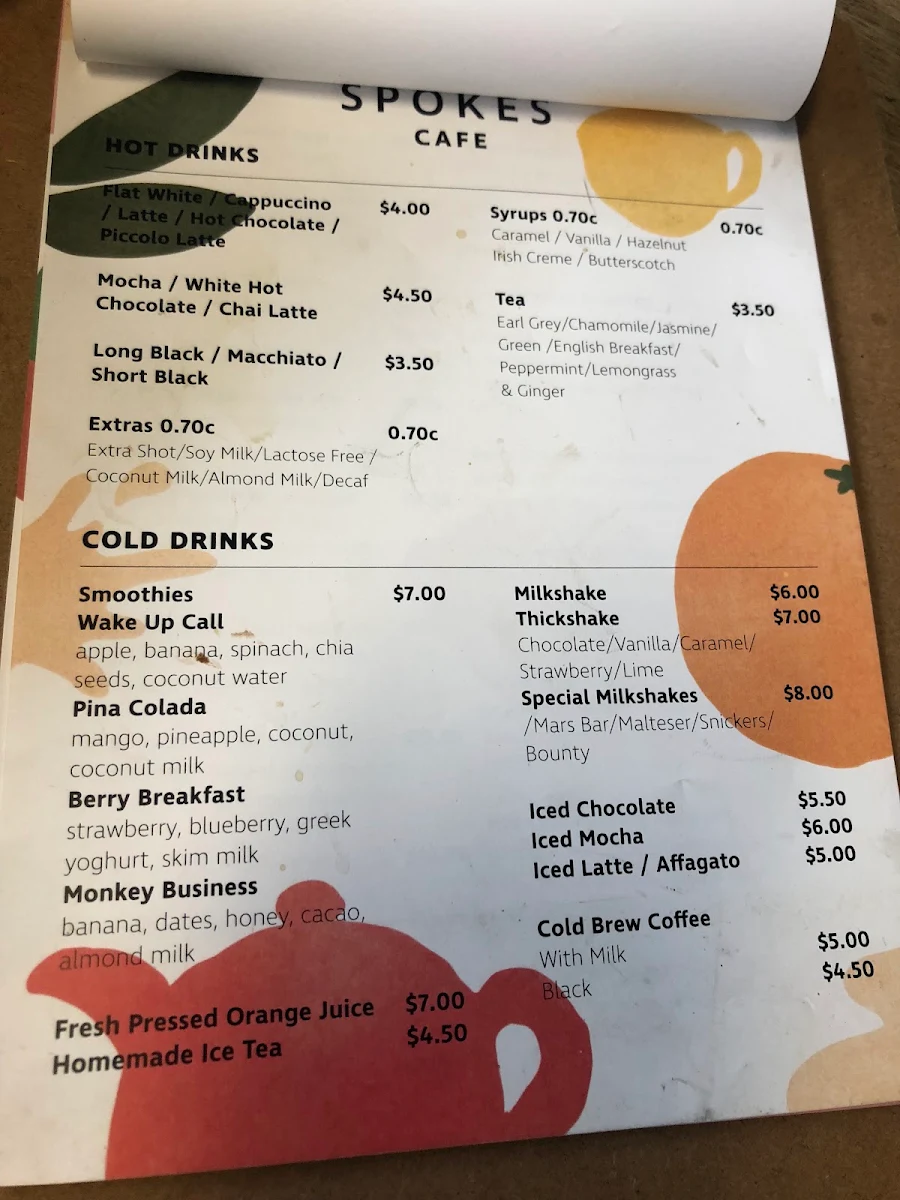 Menu, Spokes Cafe