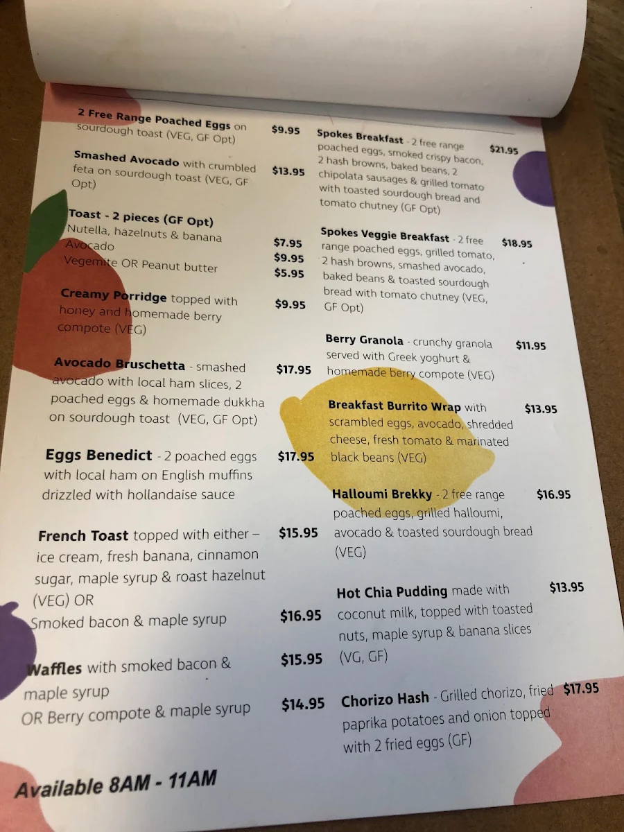 Menu, Spokes Cafe