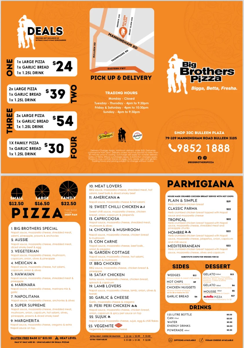 Menu, Big Brothers Pizza BULLEEN
