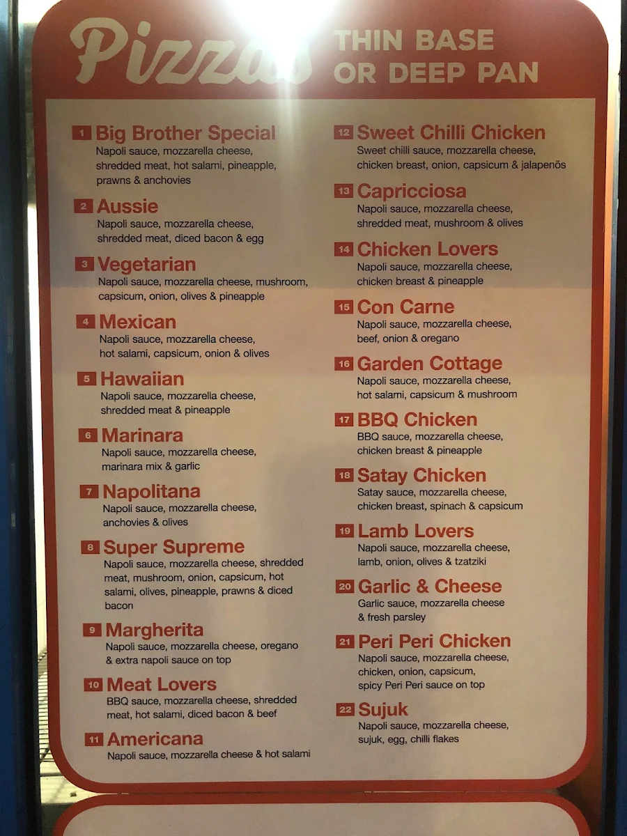 Menu, Big Brothers Pizza BULLEEN