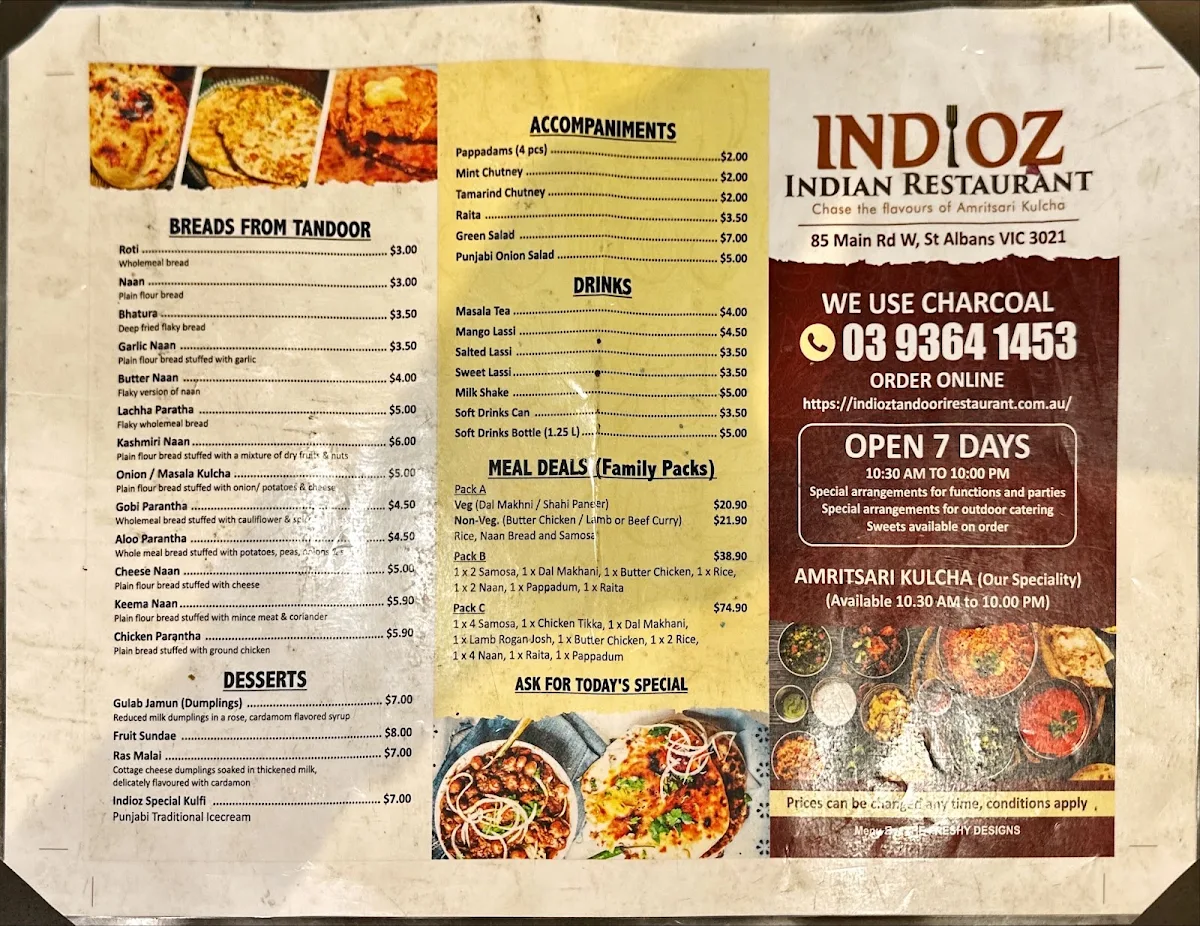 Menu, Indioz Indian Restaurant