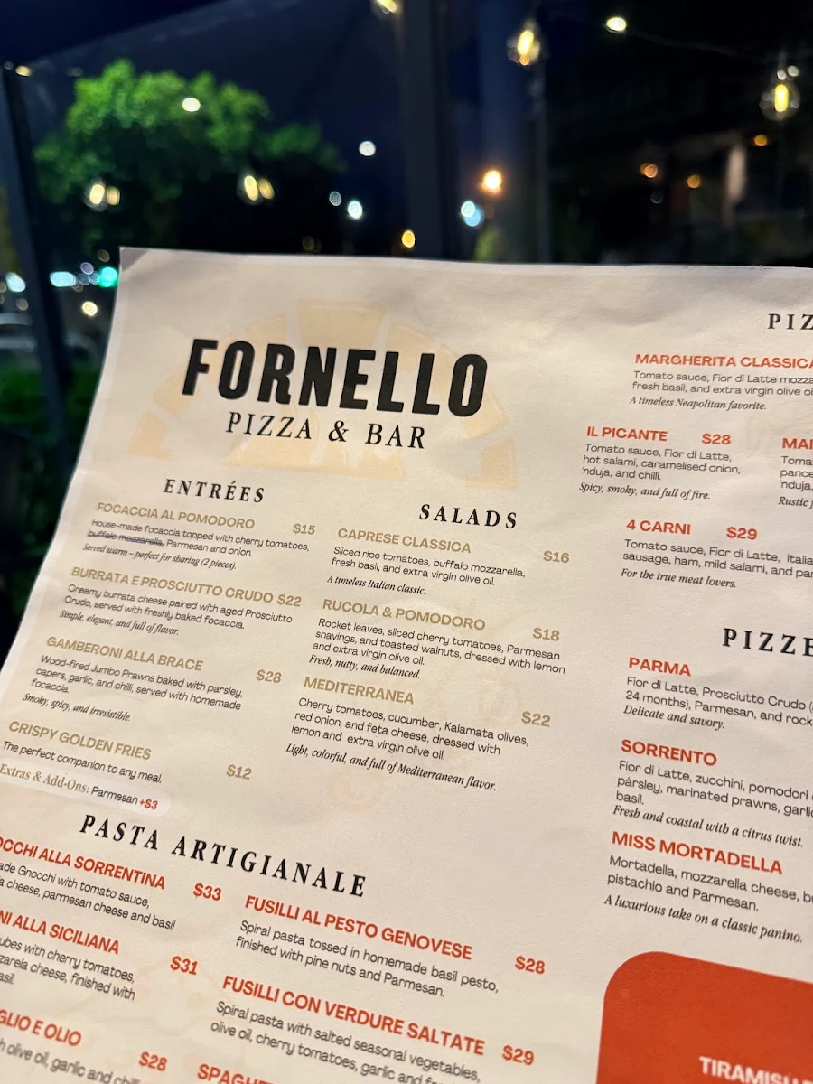 Menu, Fornello Pizza & Bar
