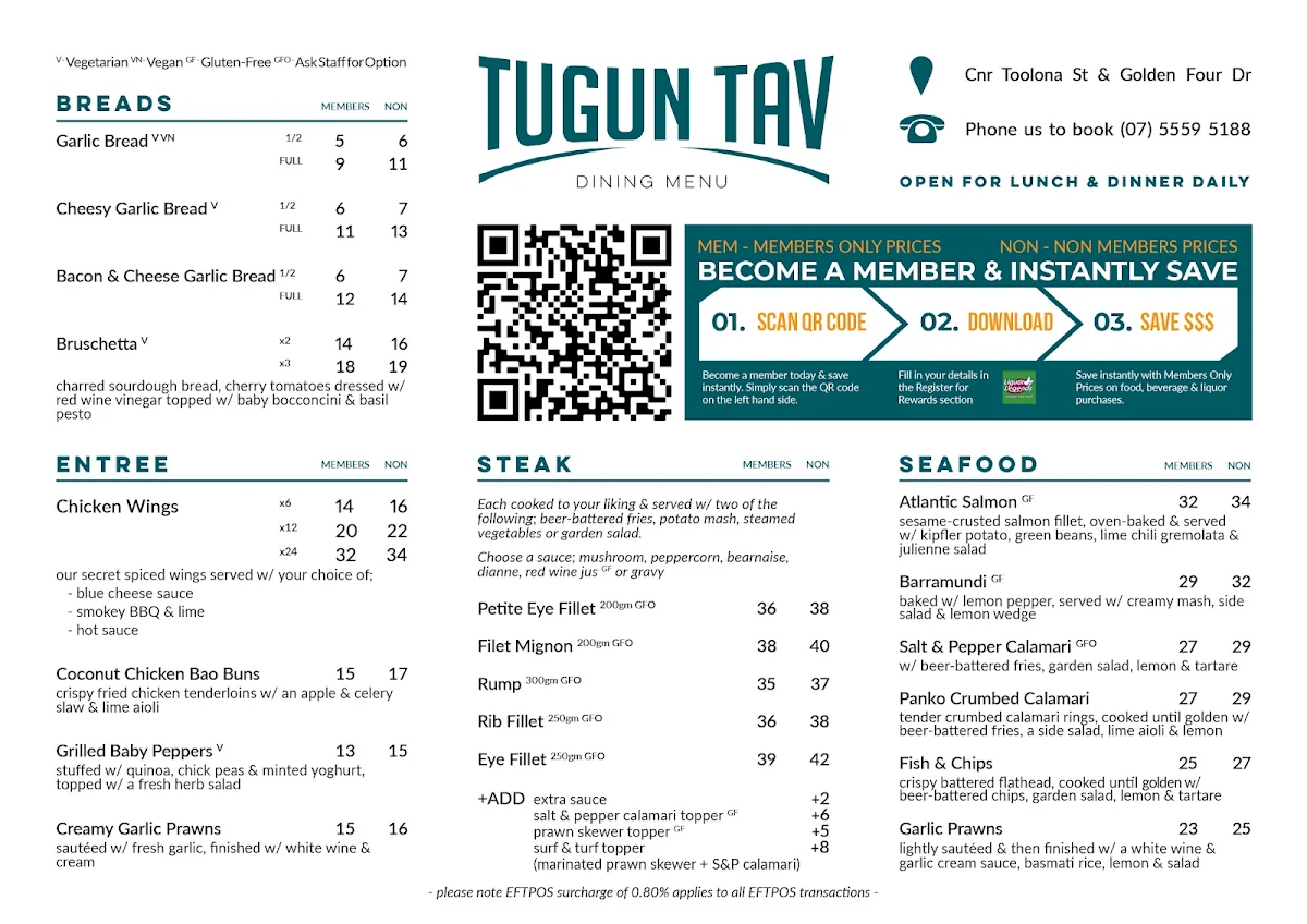 Menu, Tugun Tavern