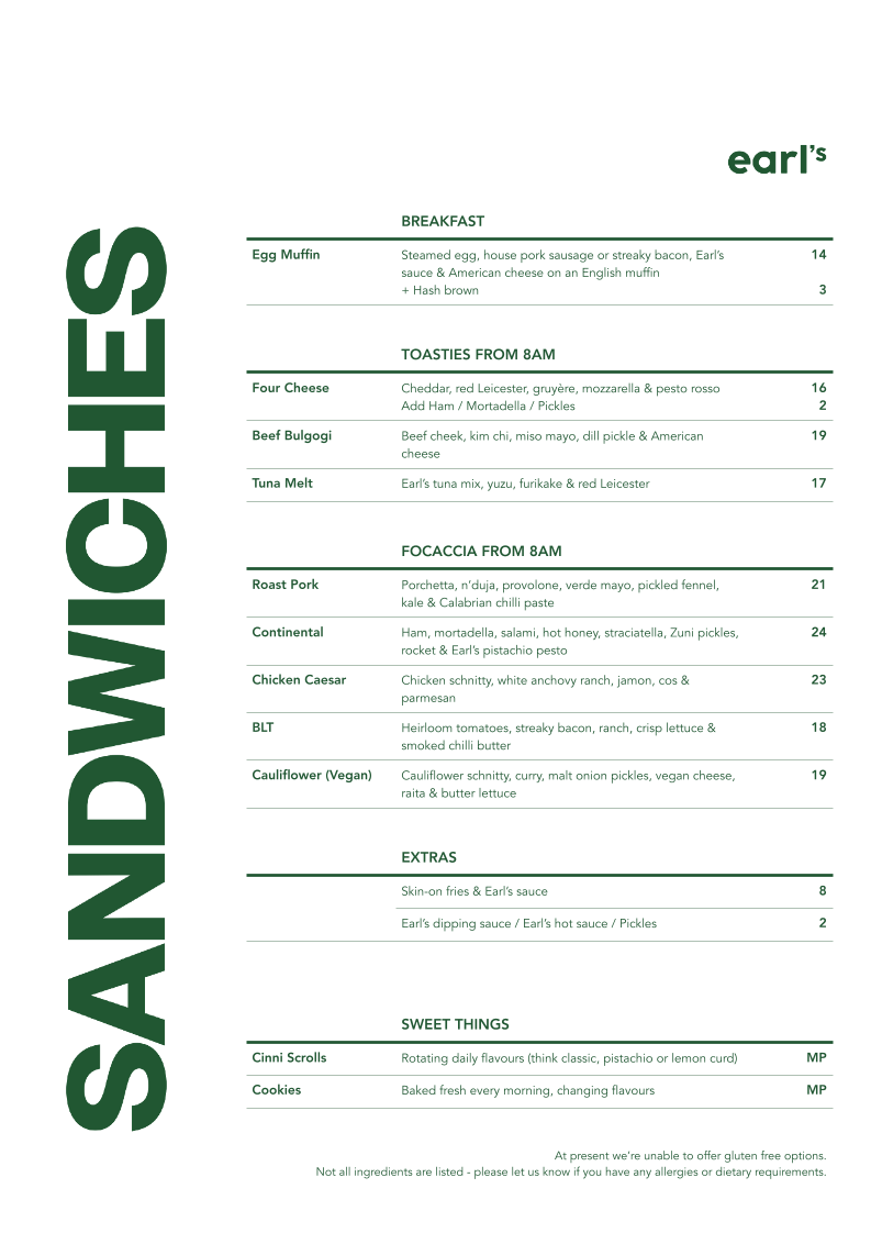 Menu, Earl's Eatery