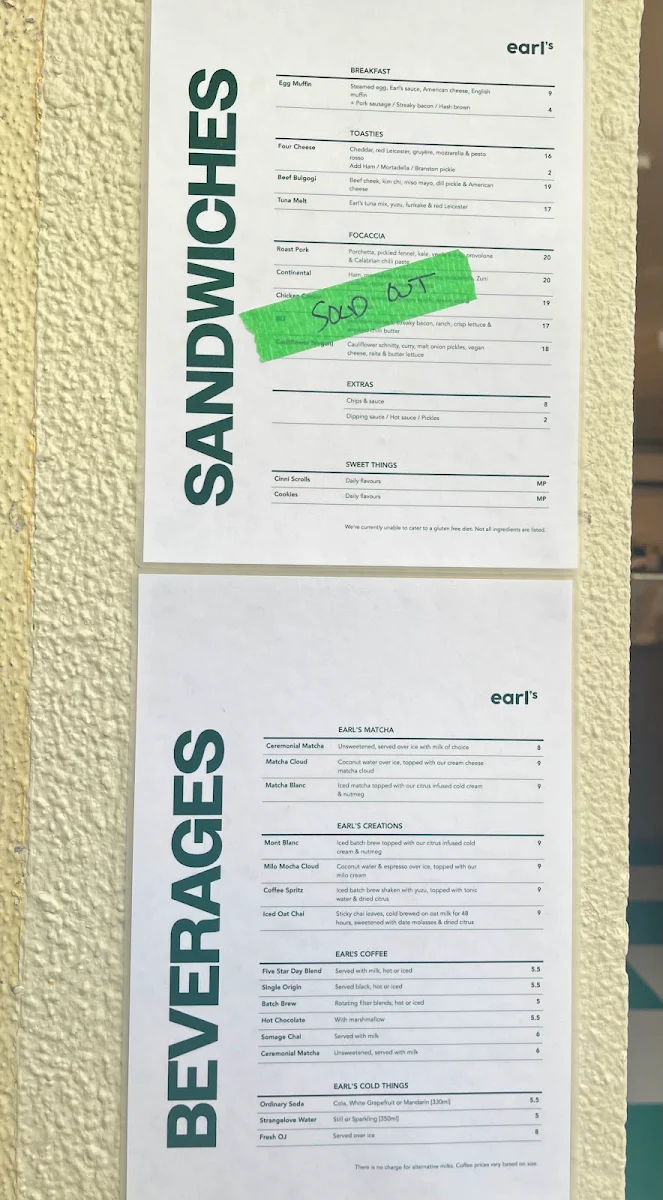 Menu, Earl's Eatery