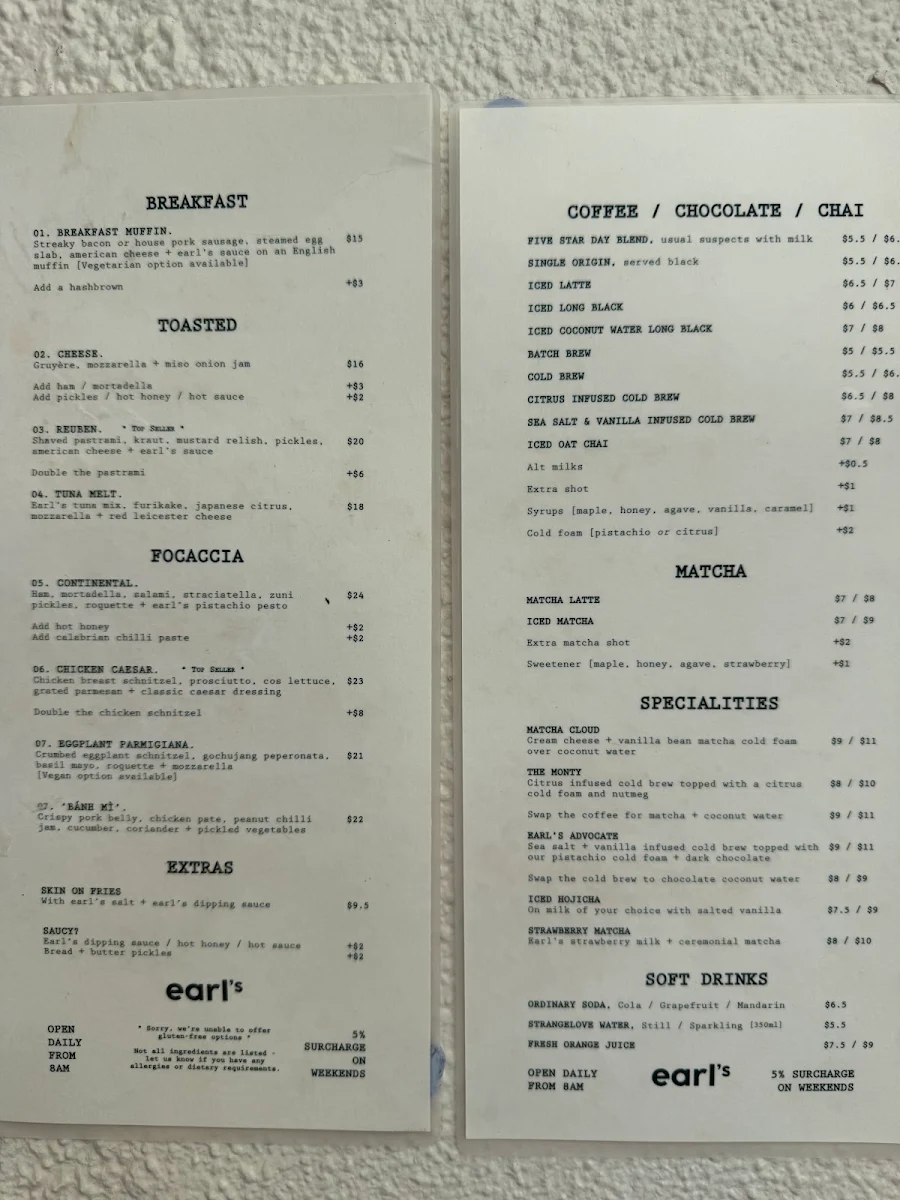 Menu, Earl's Eatery