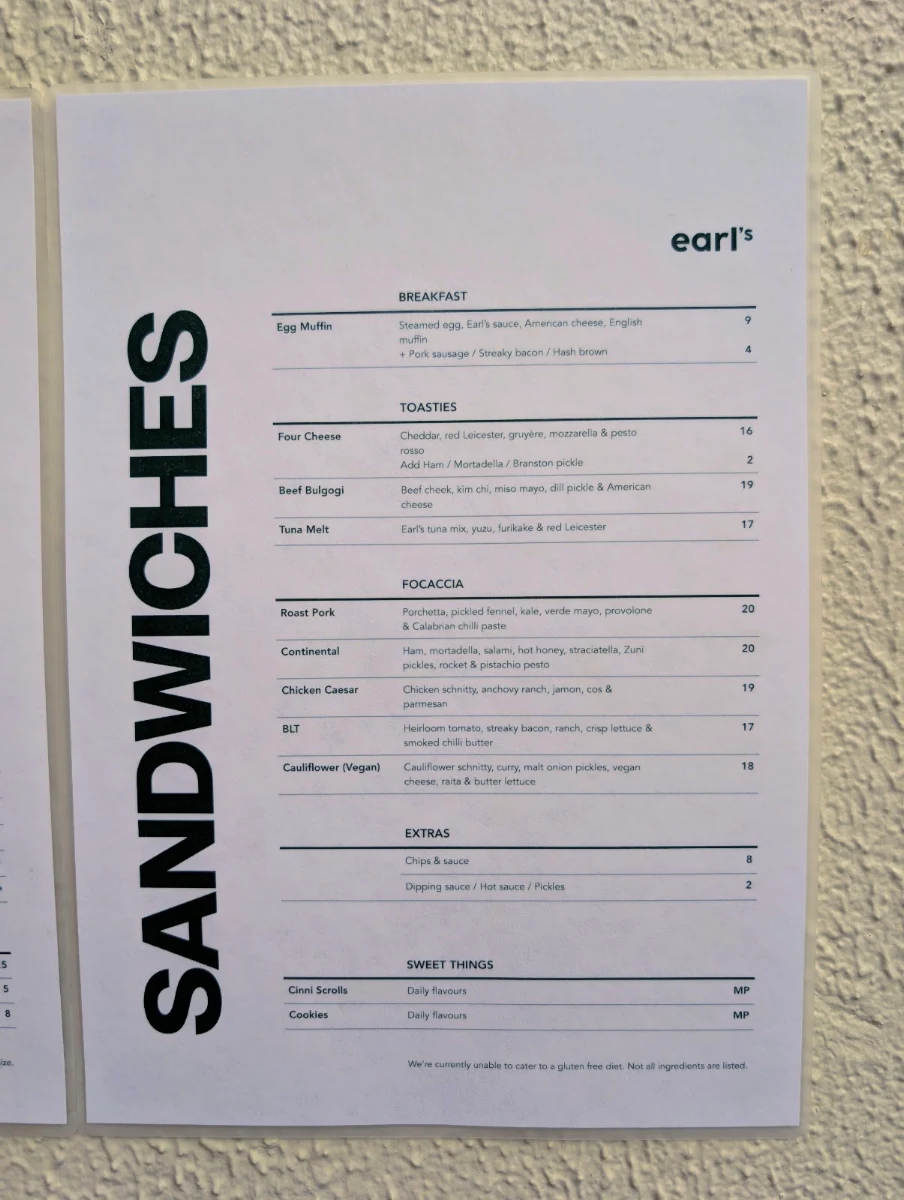 Menu, Earl's Eatery