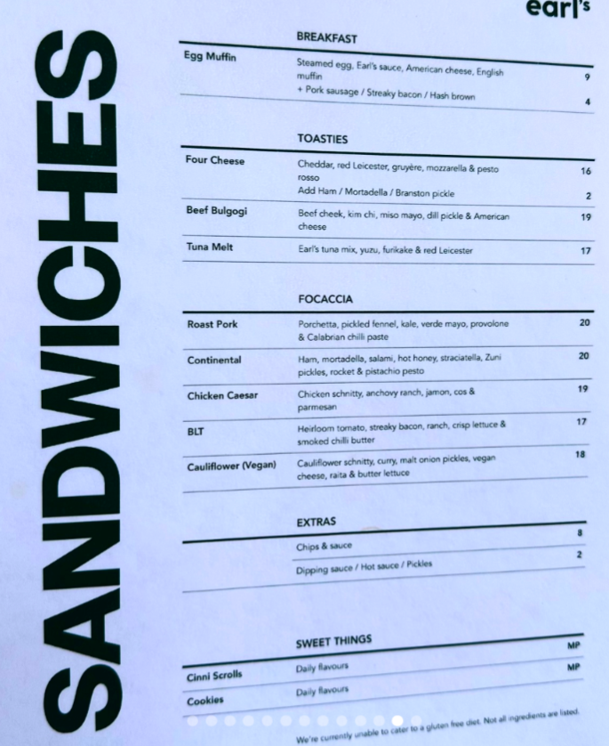 Menu, Earl's Eatery