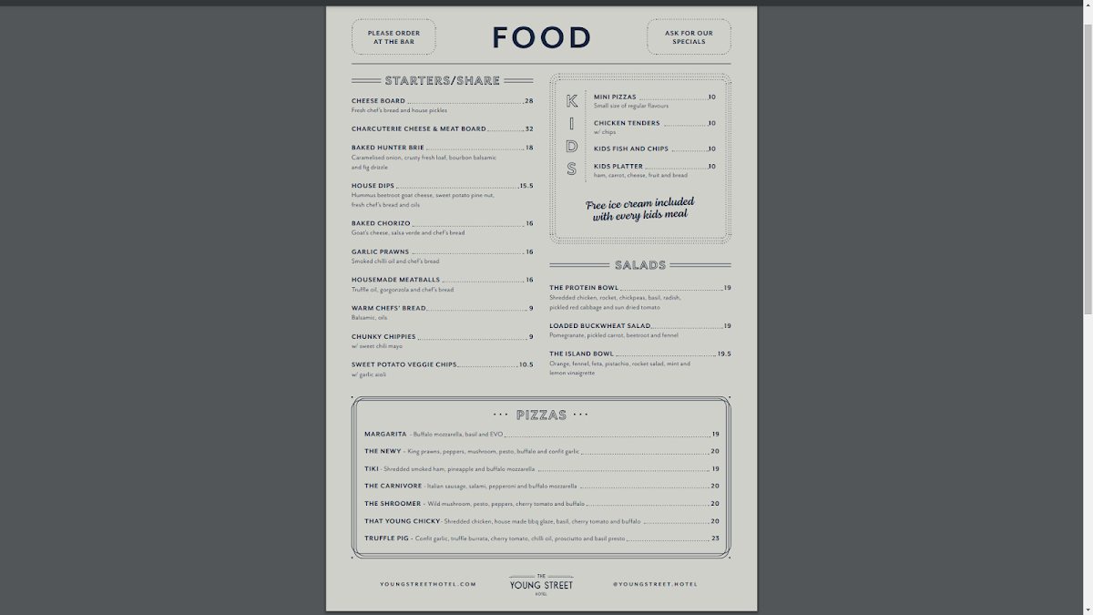 Menu, The Young Street Hotel
