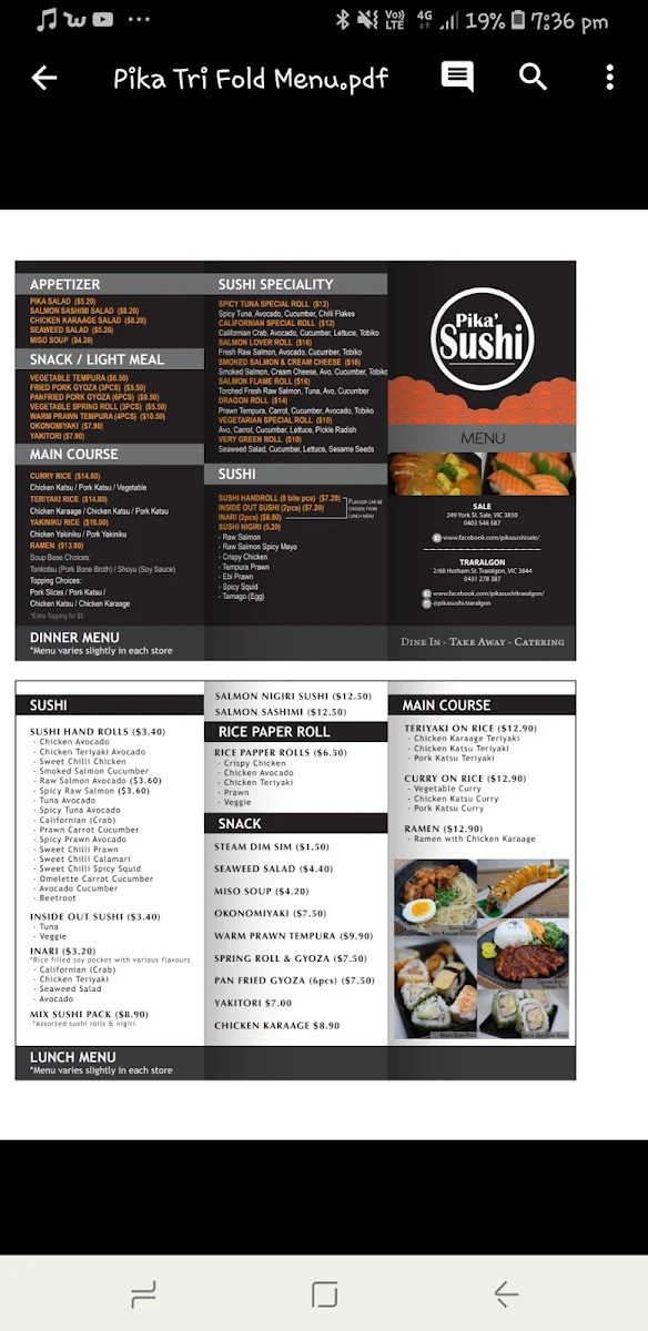 Menu, Pika Sushi Sale