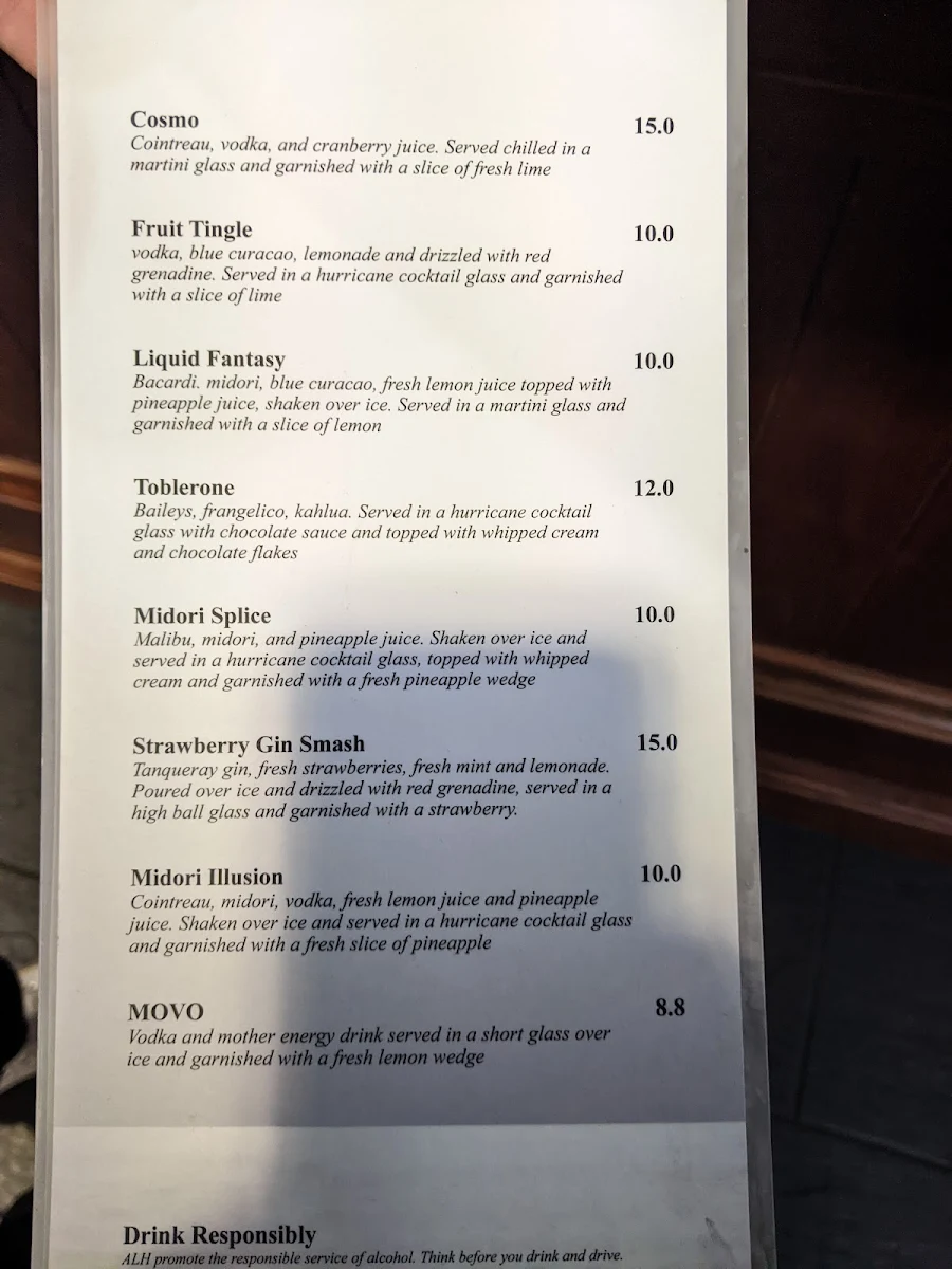 Menu, Boomerang Hotel
