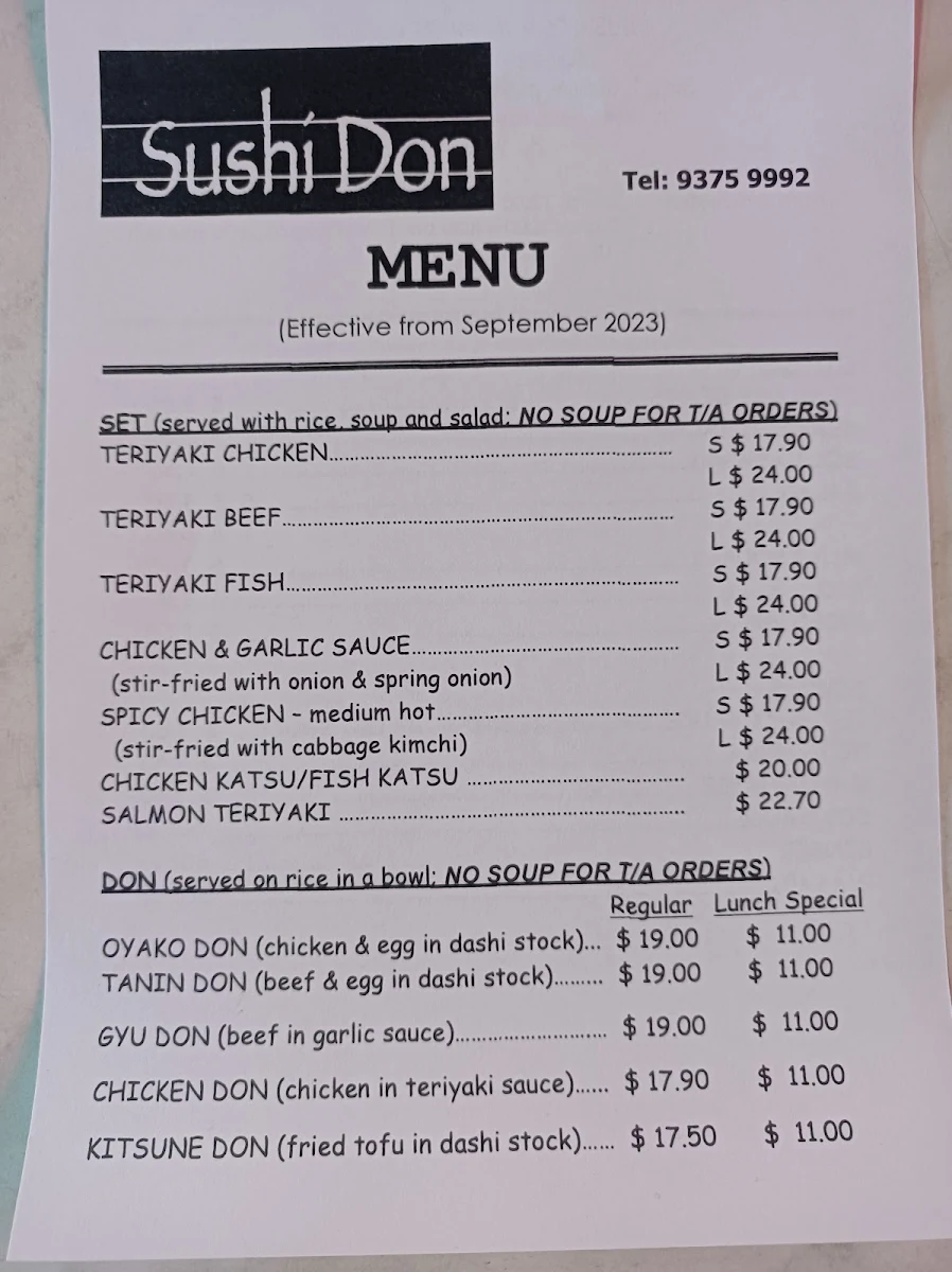 Menu, Sushi Don