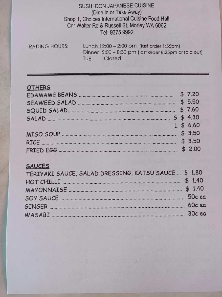 Menu, Sushi Don