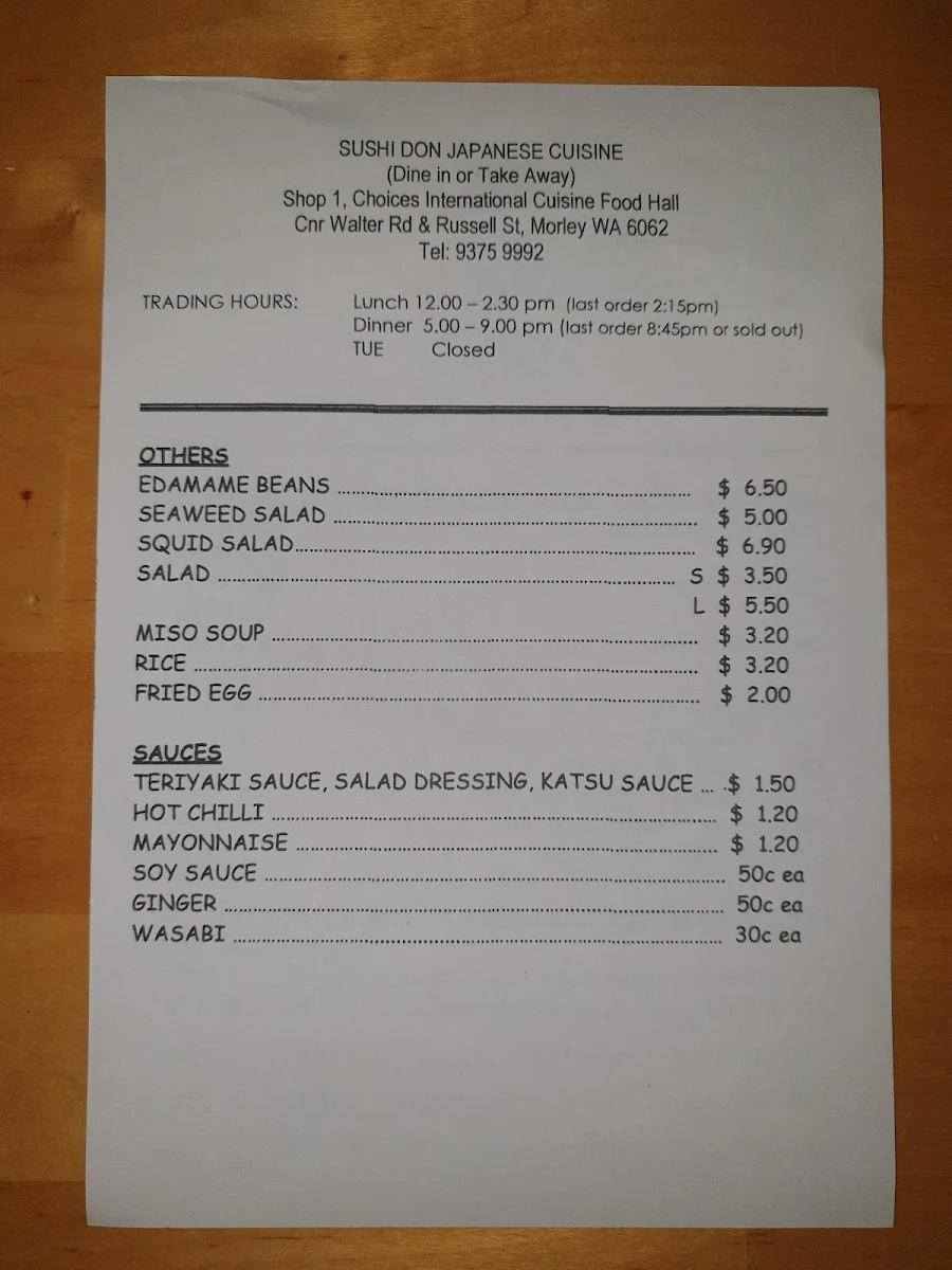 Menu, Sushi Don