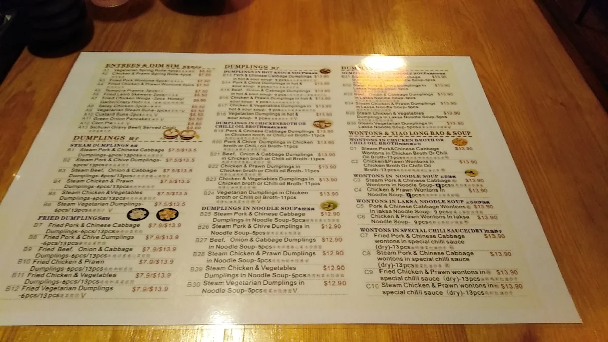 Menu, Sunbury Dumplings