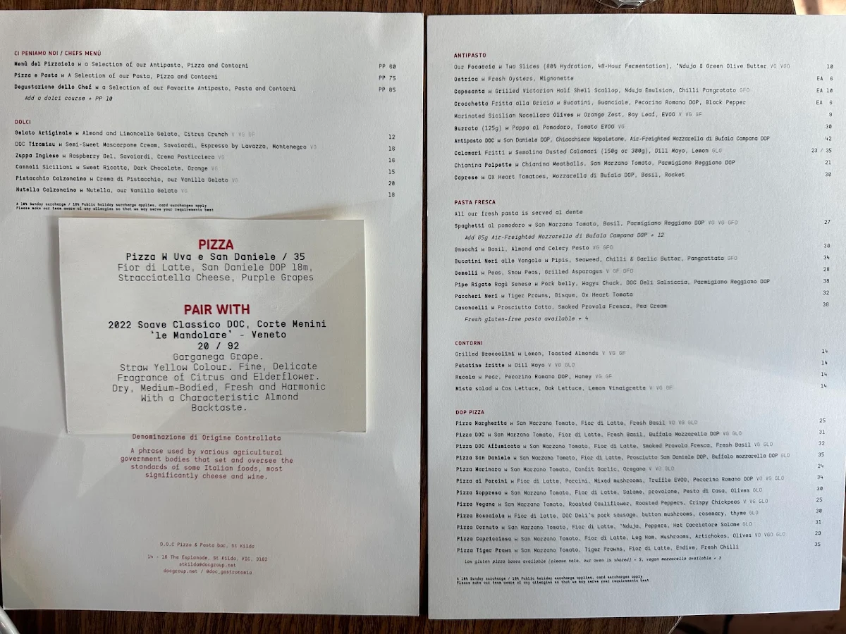 Menu, D.O.C St Kilda - Pizza & Pasta Bar