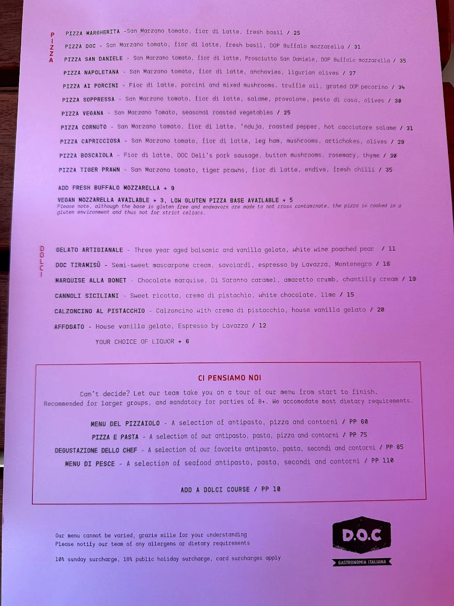 Menu, D.O.C St Kilda - Pizza & Pasta Bar