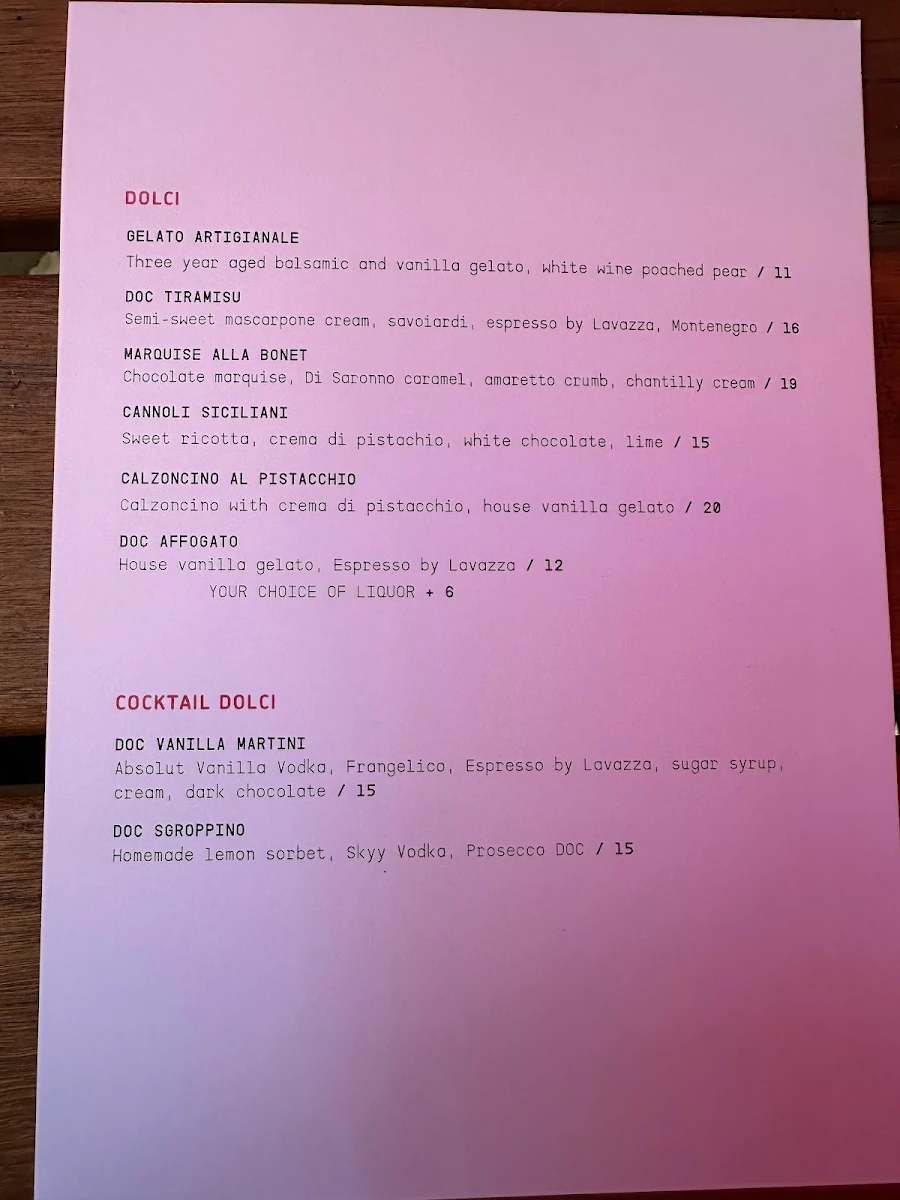 Menu, D.O.C St Kilda - Pizza & Pasta Bar