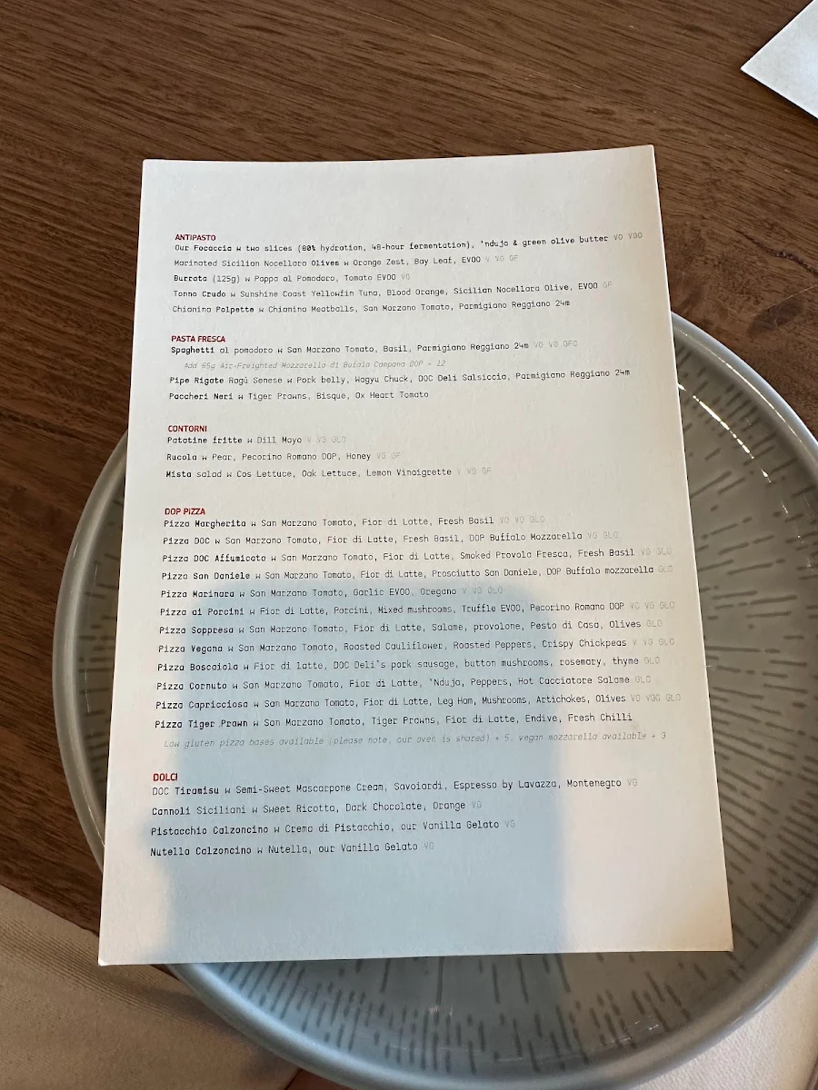 Menu, D.O.C St Kilda - Pizza & Pasta Bar
