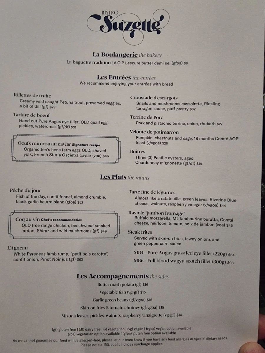 Menu, Bistro Suzette