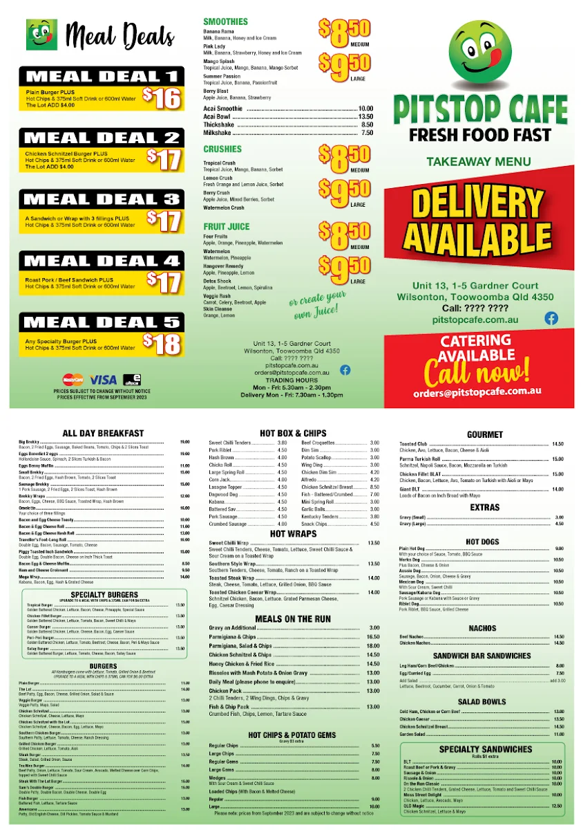 Menu, Pitstop cafe