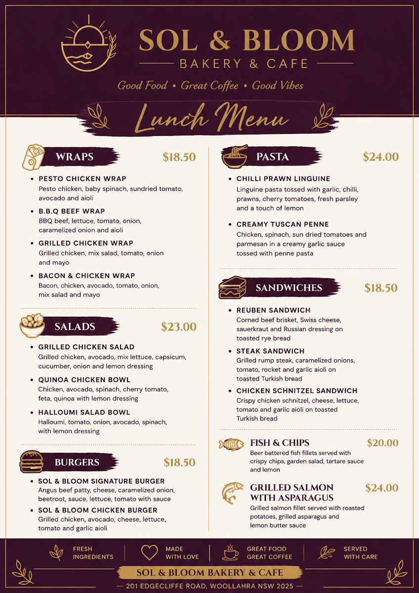 Menu, Sol & Bloom Bakery and Cafe