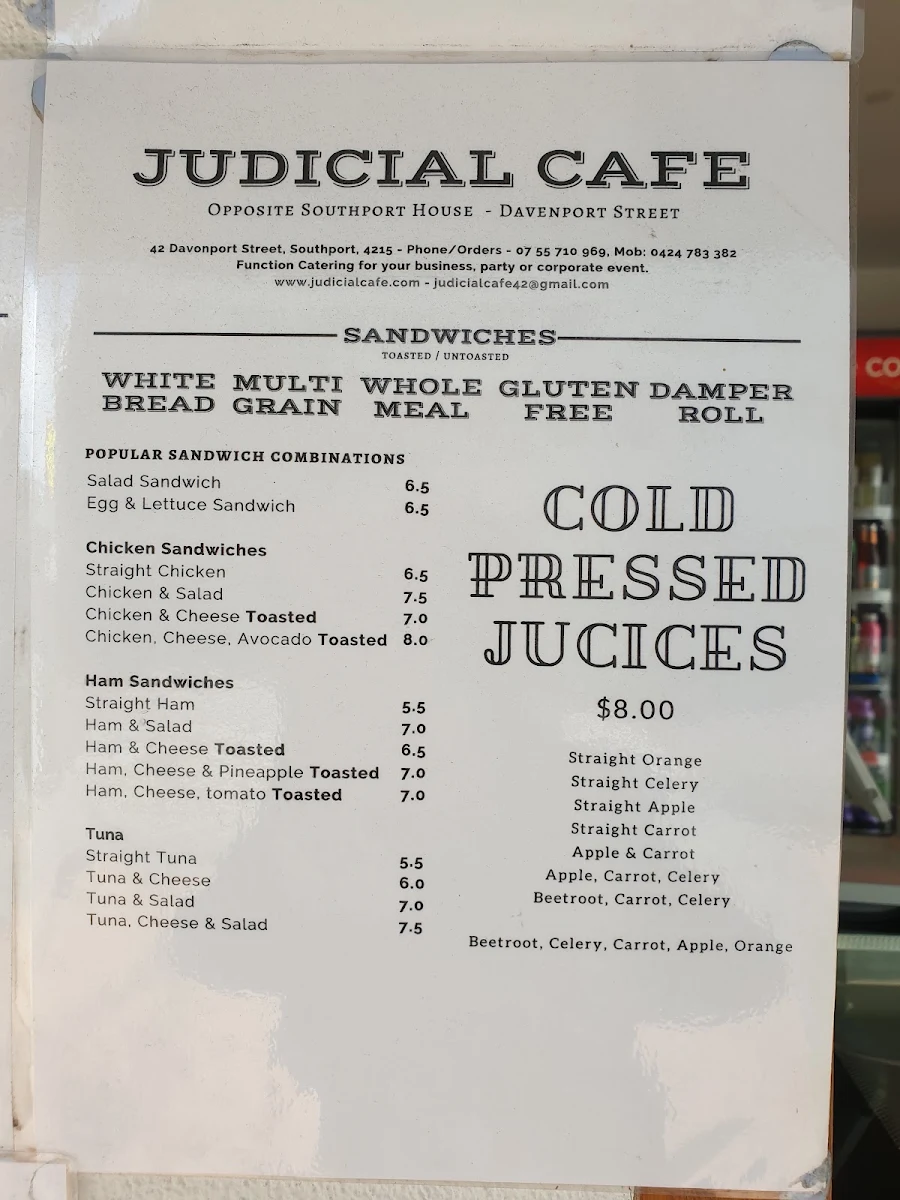 Menu, Judicial Cafe
