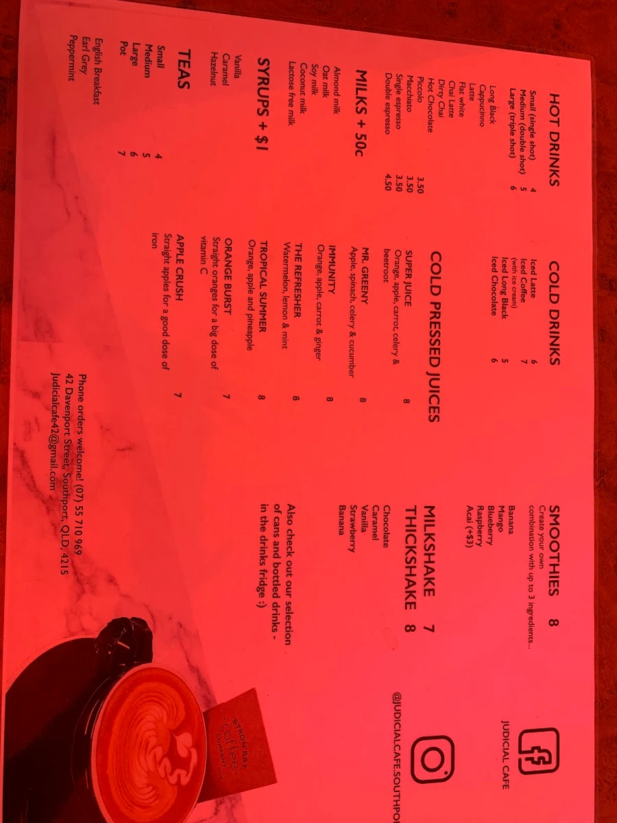 Menu, Judicial Cafe