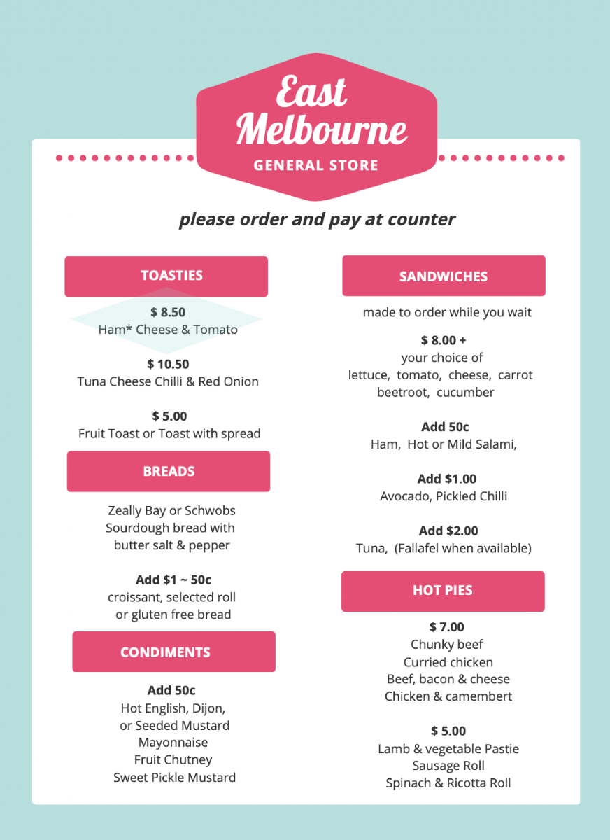 Menu, East Melbourne General Store