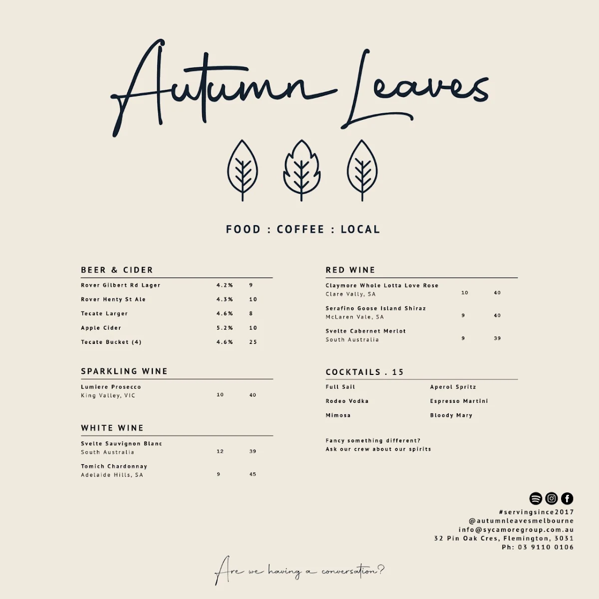 Menu, Autumn Leaves Melbourne