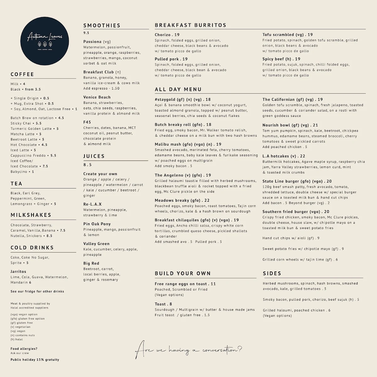 Menu, Autumn Leaves Melbourne