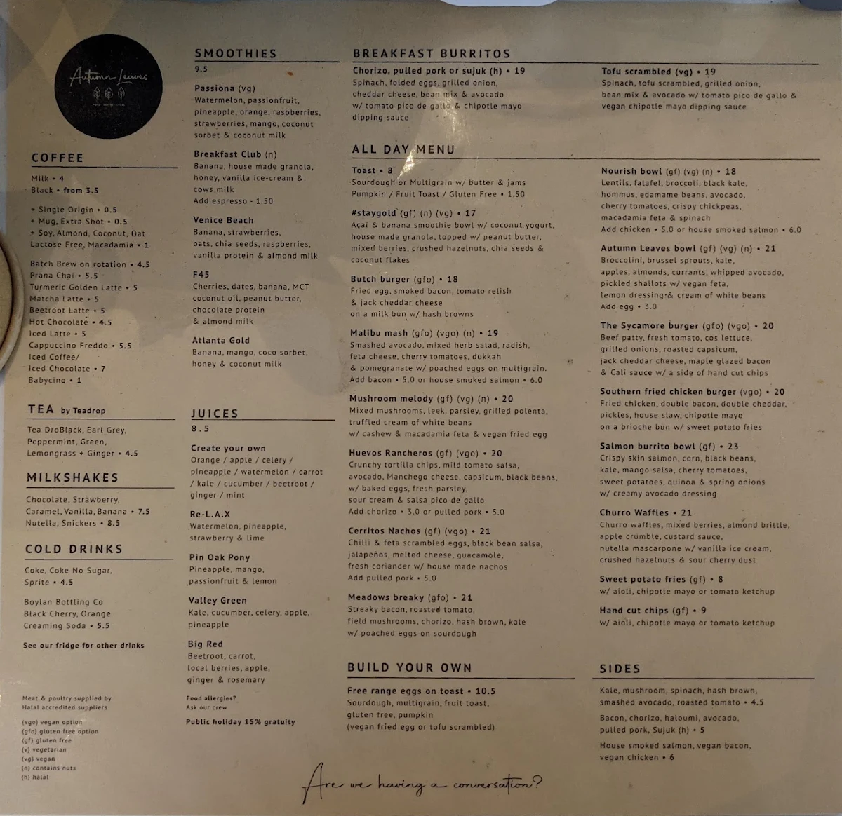 Menu, Autumn Leaves Melbourne