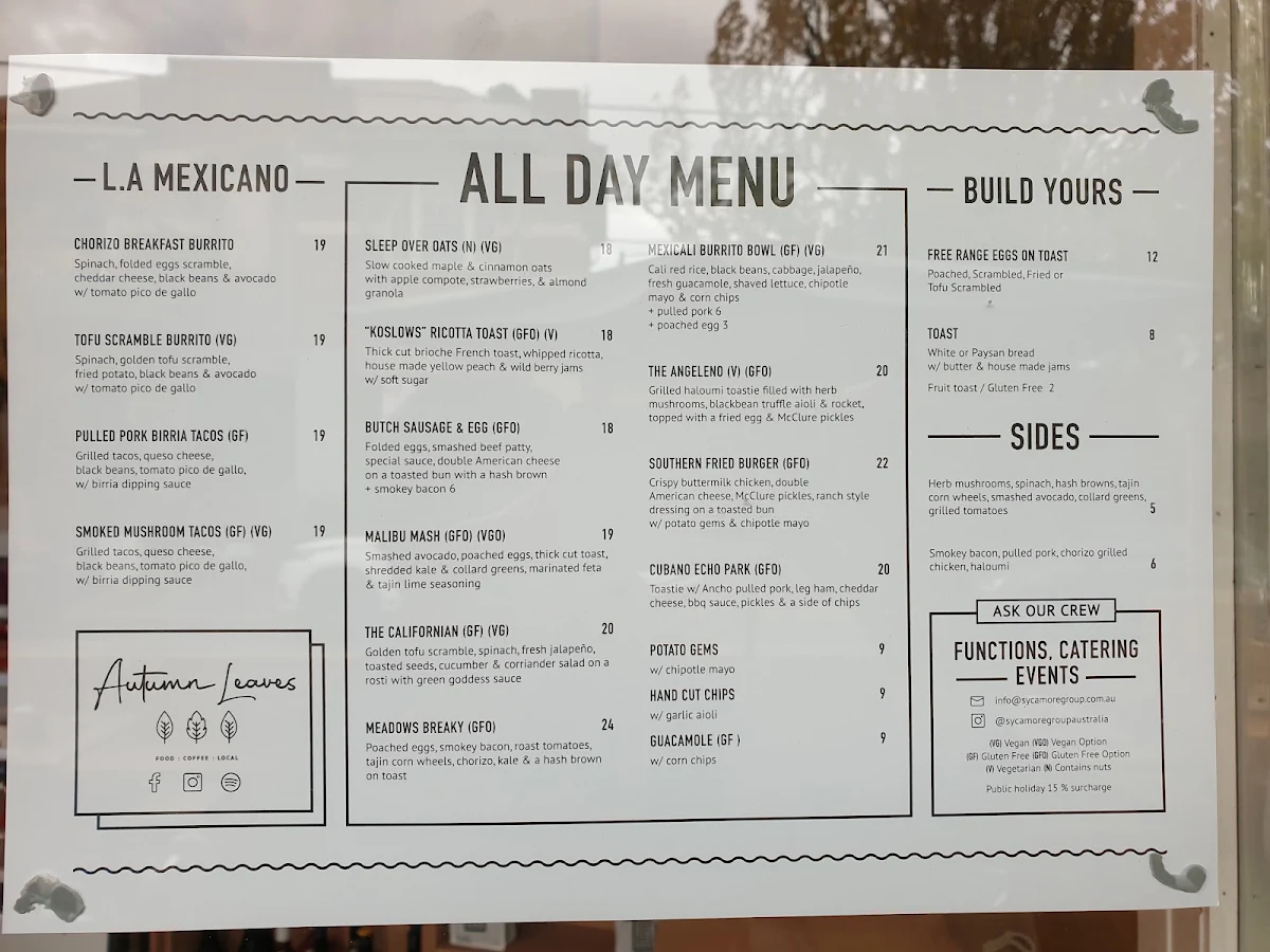 Menu, Autumn Leaves Melbourne