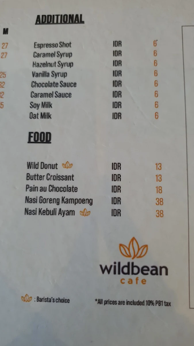 Menu, wildbean cafe