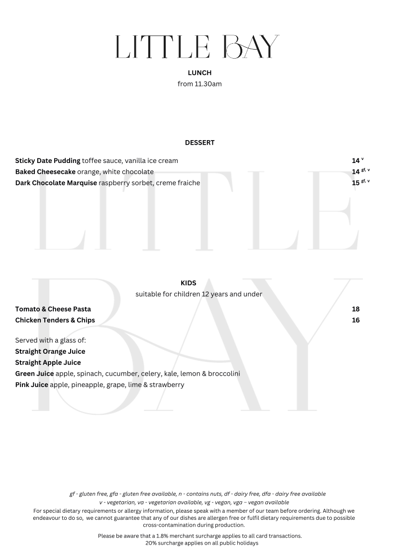 Menu, Little Bay Bar & Eatery
