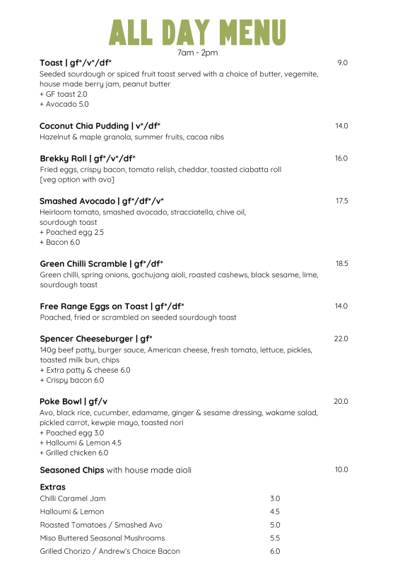 Menu, Spencer Coffee & Catering Melbourne